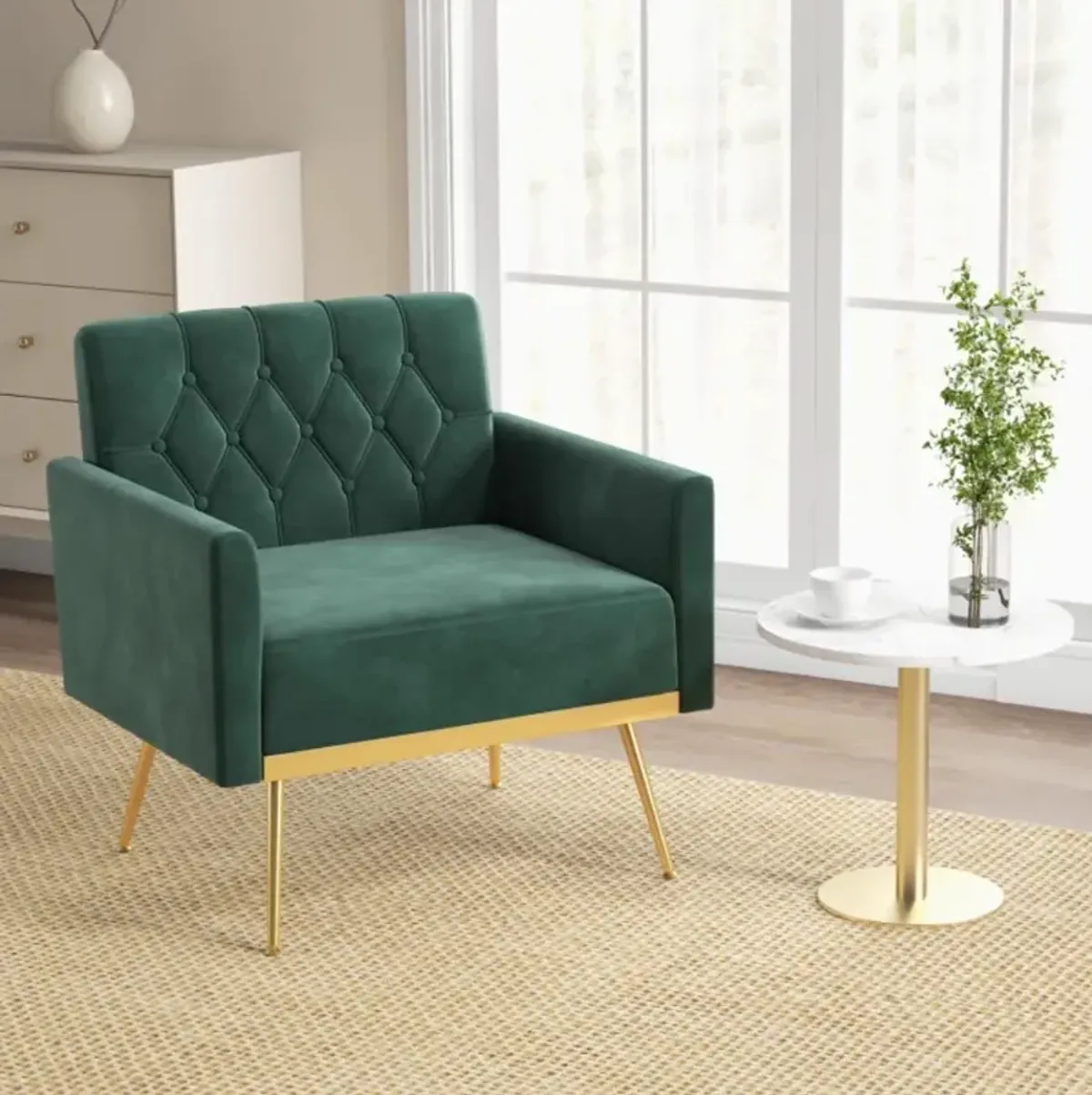 Hivvago Modern Velvet Accent Chair with Button Tufted Back Golden Metal Legs and Adjustable Foot Pads