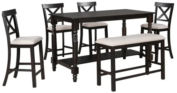 Gewnee 6-Piece Counter Height Dining Table Set Table with Shelf 4 Chairs and Bench for Dining Room (Espresso)