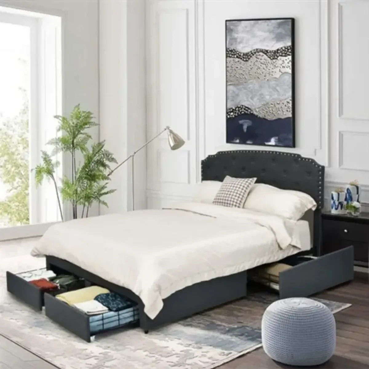 Linen Adjustable Headboard 4 Drawer Storage Platform Bed