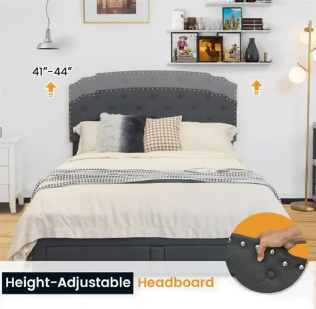 Linen Adjustable Headboard 4 Drawer Storage Platform Bed