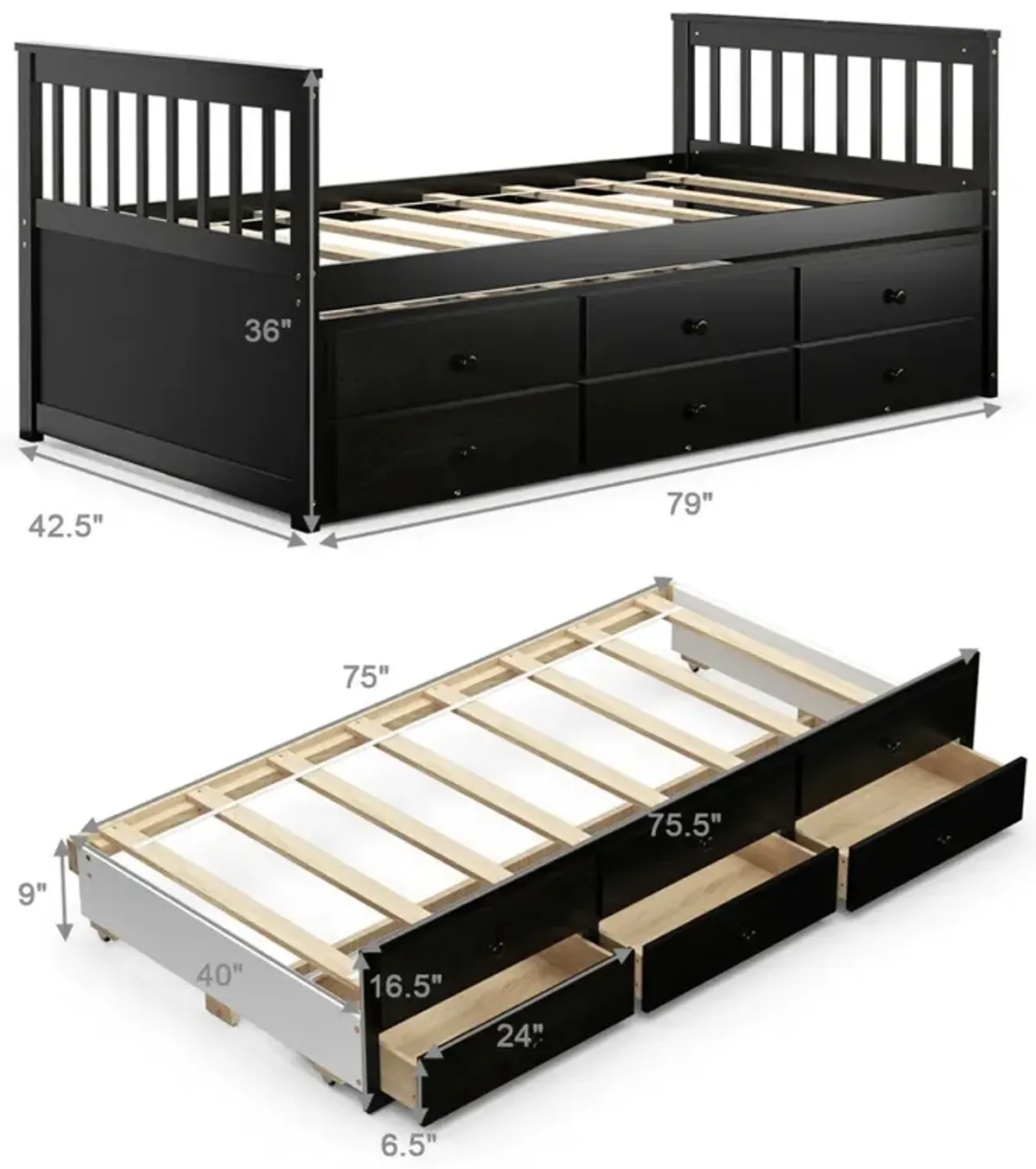 Twin Captain's Bed with Trundle and 3 Storage Drawers