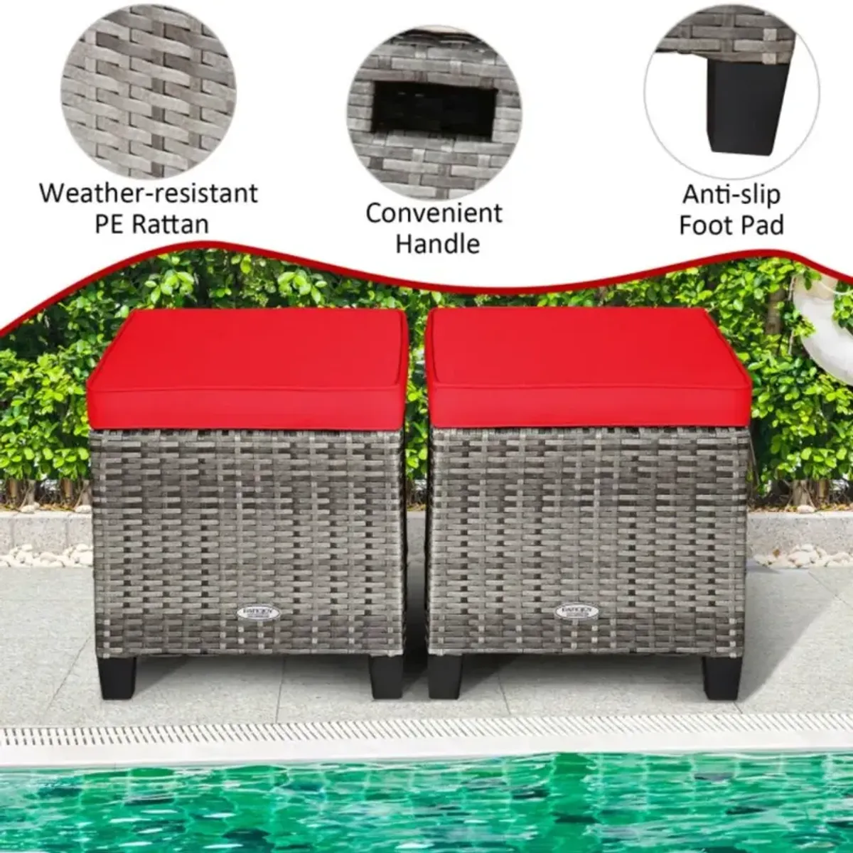 Hivvago 2PCS Patio Rattan Wicker Ottoman Seat with Removable Cushions-Turquoise