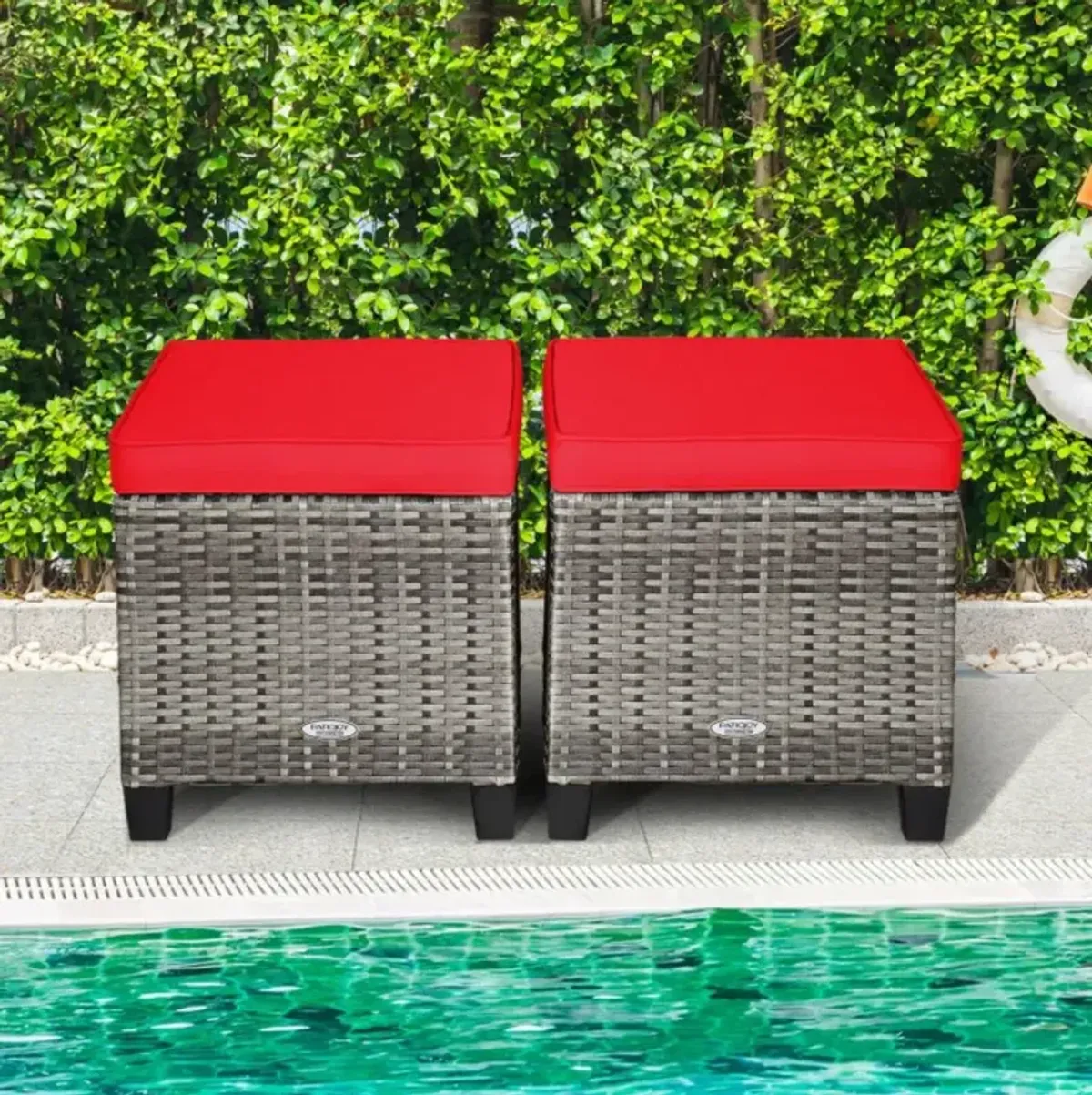 Hivvago 2PCS Patio Rattan Wicker Ottoman Seat with Removable Cushions-Turquoise