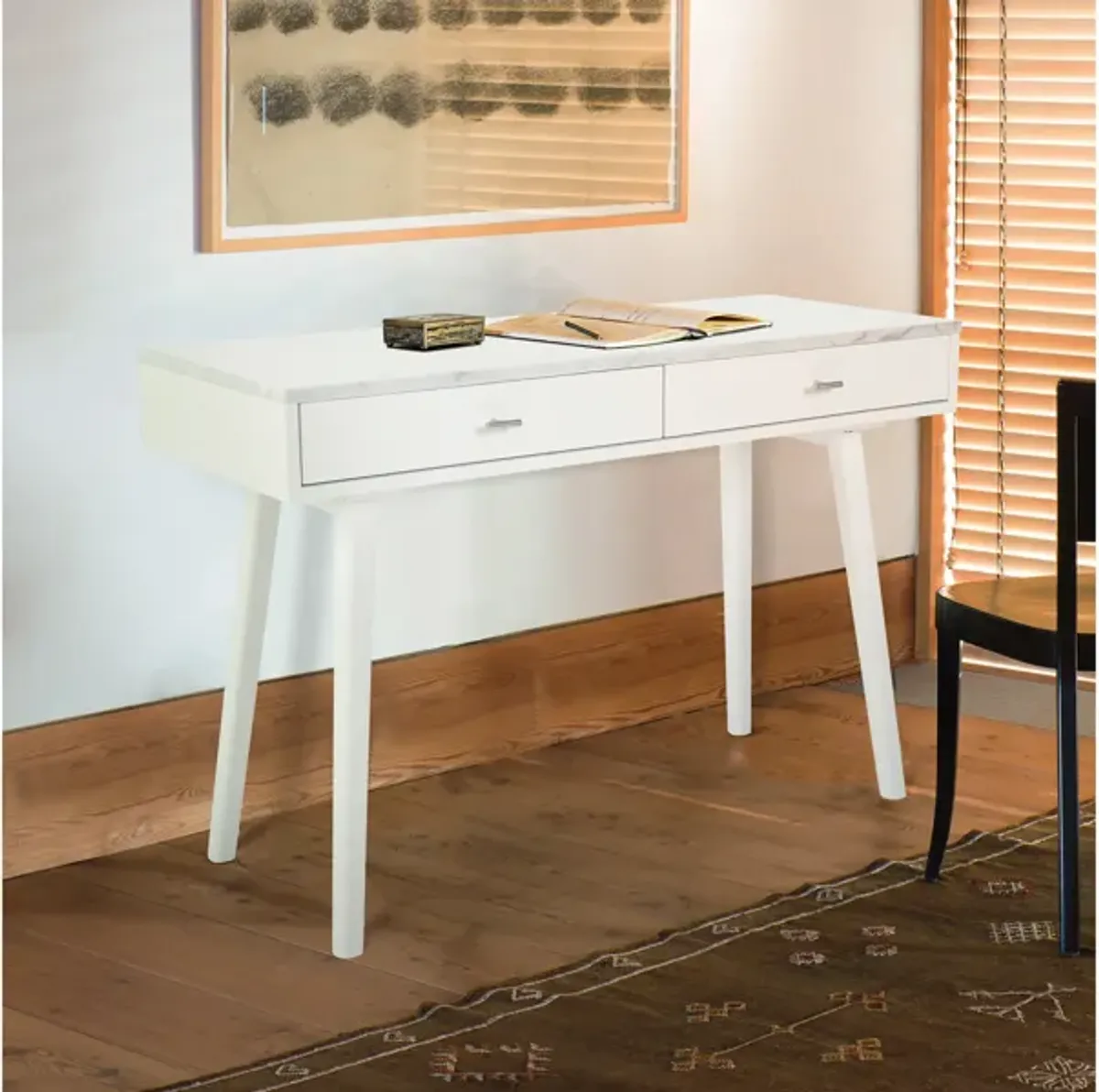 Viola 44"L x 15"W x 30"H Rectangular Italian Carrara White Marble Writing Desk with Oak Legs