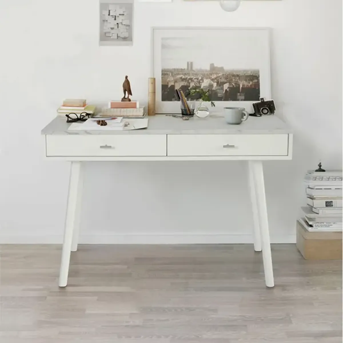 Viola 44"L x 15"W x 30"H Rectangular Italian Carrara White Marble Writing Desk with Oak Legs