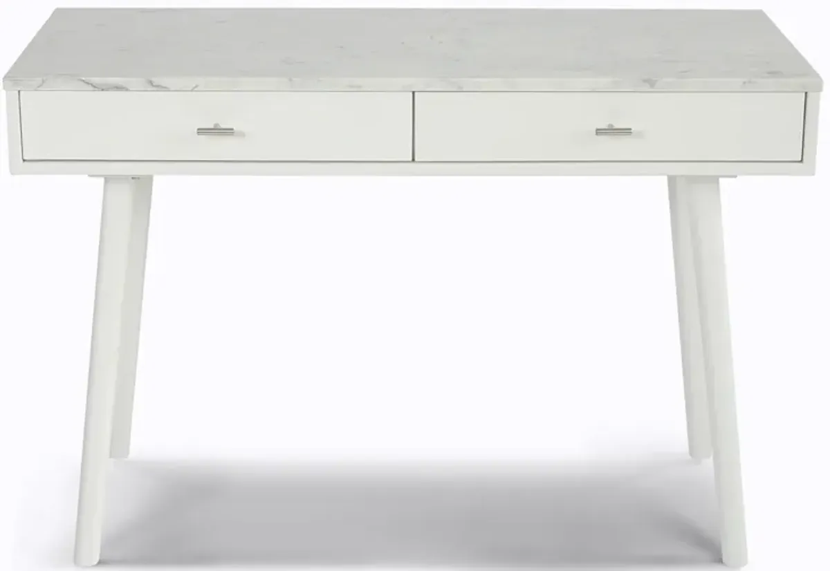 Viola 44"L x 15"W x 30"H Rectangular Italian Carrara White Marble Writing Desk with Oak Legs