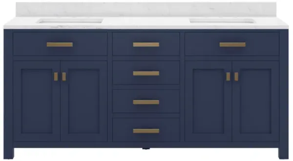 Madison 72 In. Double Sink Carrara White Marble Countertop Bath Vanity In Monarch Blue with Satin Gold Hardware