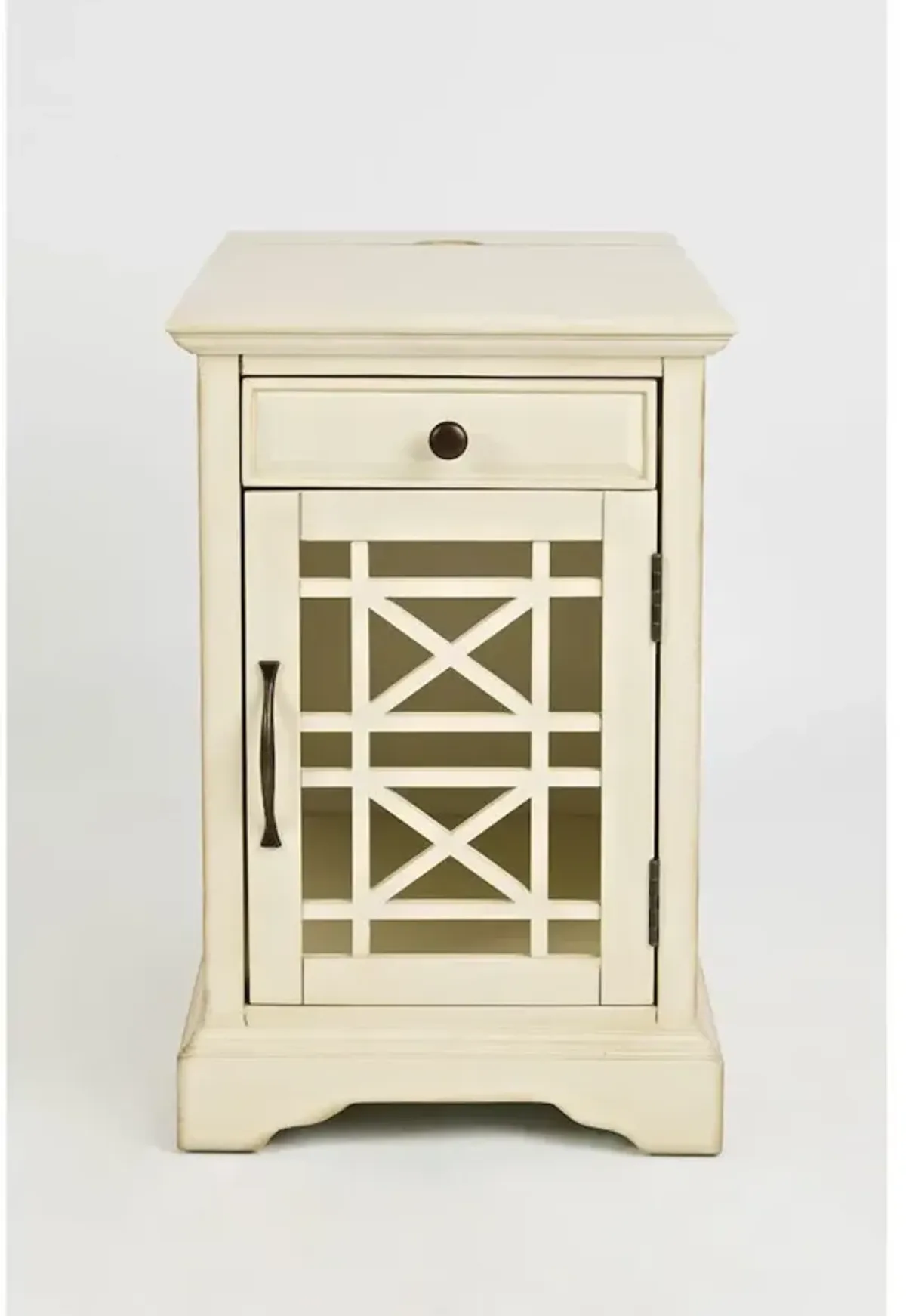 Craftsman USB Charging Station Chairside Wooden End Table Nightstand with Traditional Farmhouse Style with Glass Door and Storage, Antique Cream