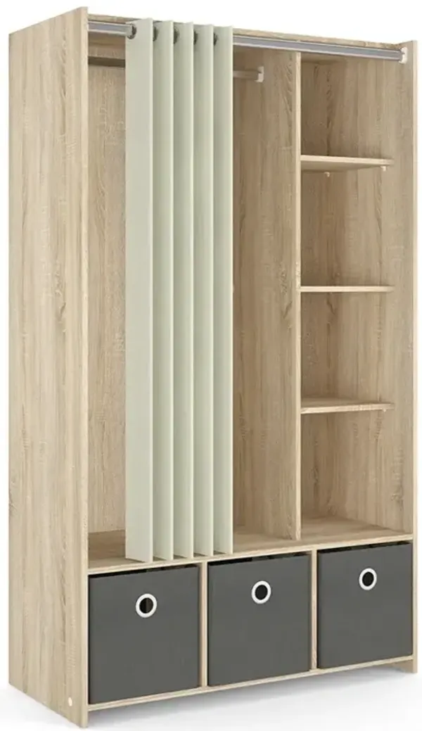 FurniFact Brown Wardrobe Closet with Curtain - Compact Small Closet for Clothes Storage