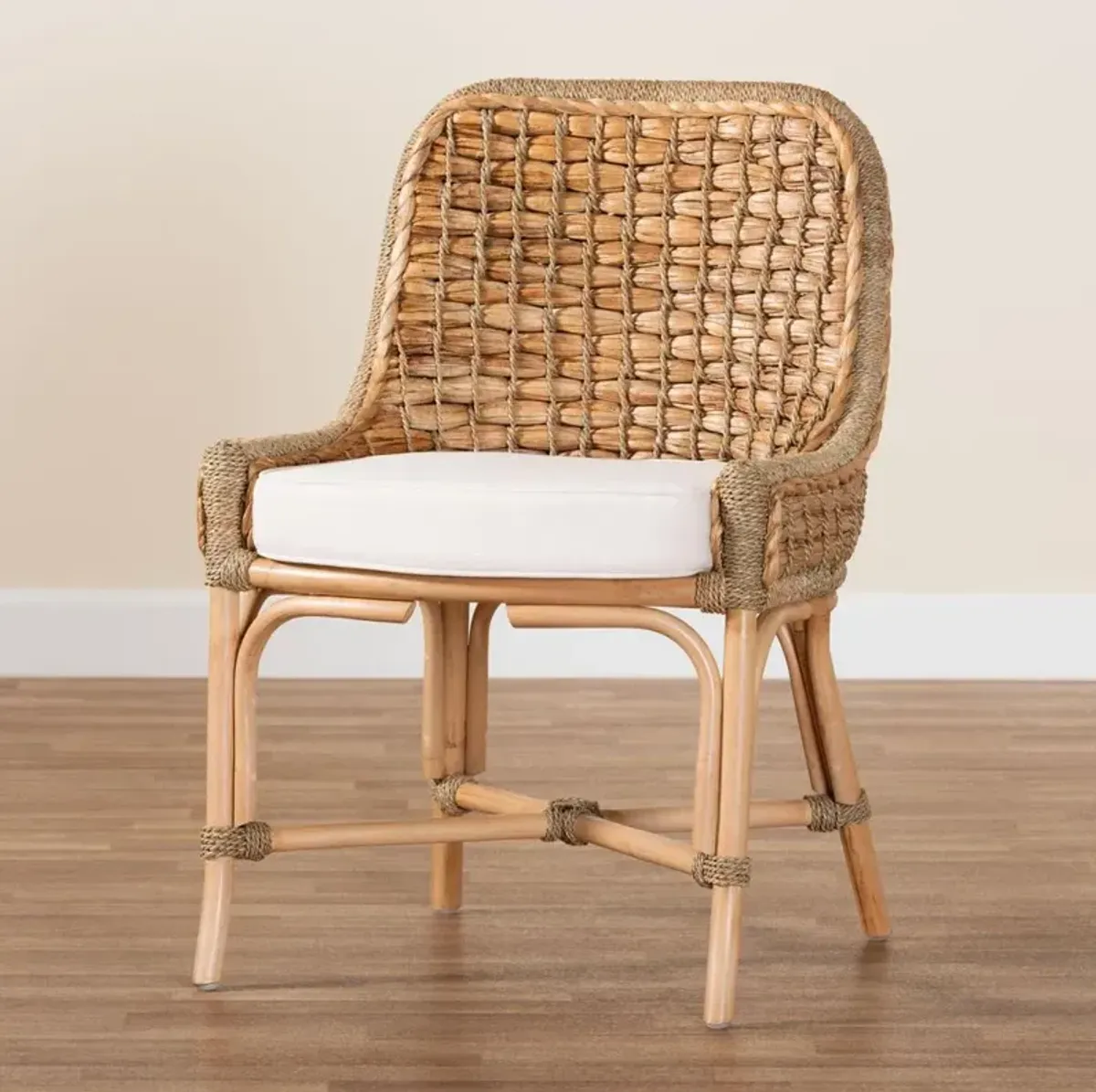 Bohemian Natural Brown Woven Rattan Dining Side Chair With Cushion