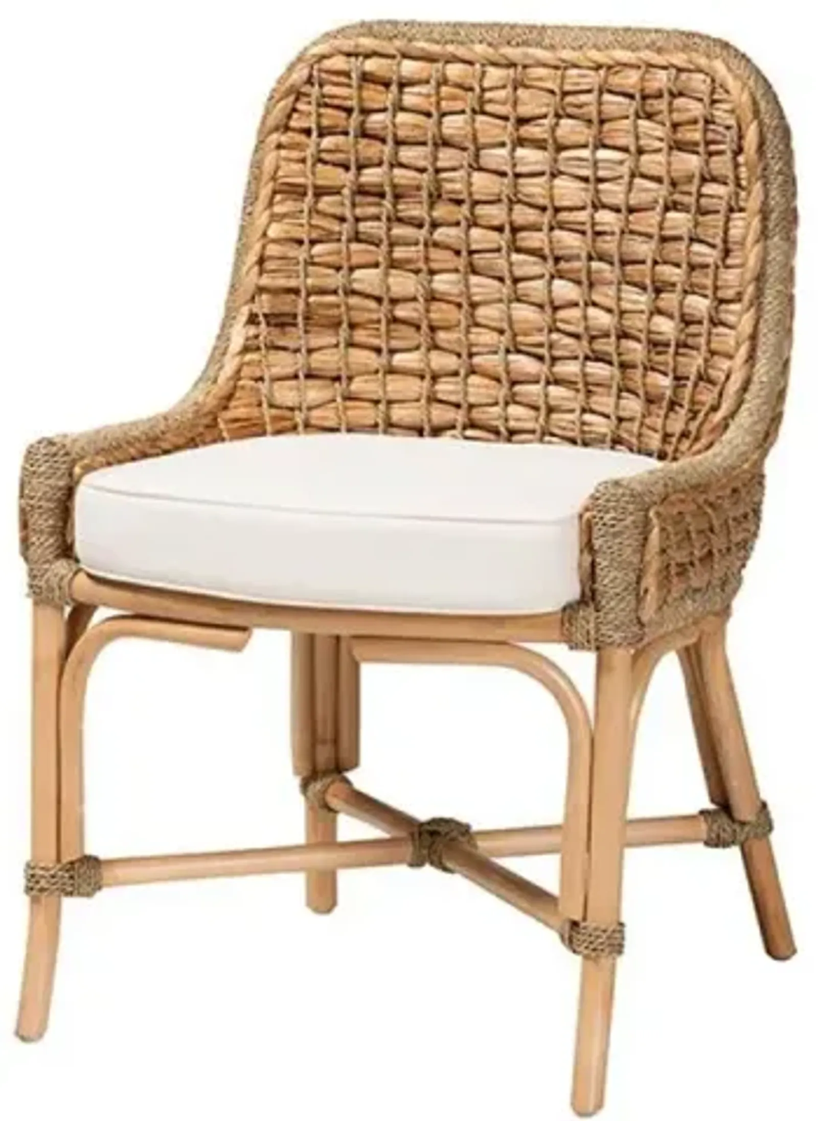 Bohemian Natural Brown Woven Rattan Dining Side Chair With Cushion