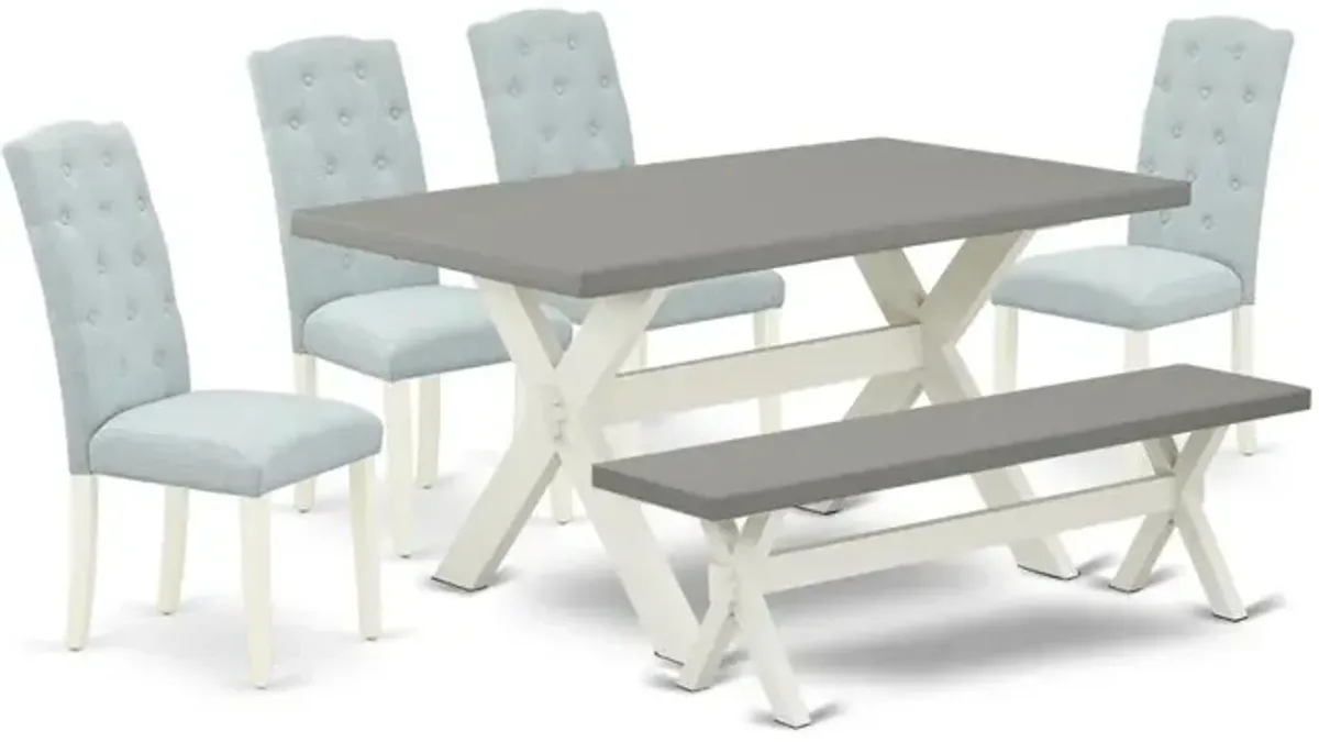 East West Furniture 6-Pc Kitchen Dining Room Set- 4 Dining Room Chairs with Baby Blue Linen Fabric Seat and Button Tufted Chair Back - Rectangular Top & Wooden Cross Legs Wood Kitchen Table and Indoor