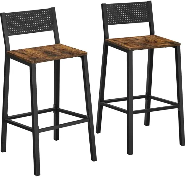 Mexy 29 Inch Barstool Chair Set of 2, Sleek Black Metal Frame, Brown Wood - Benzara