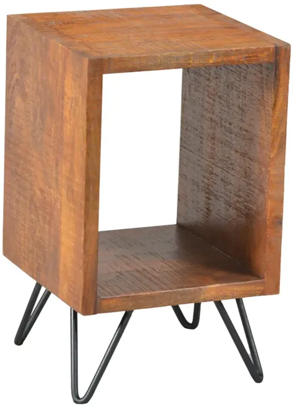 22 Inch Textured Cube Shape Wooden Nightstand with Angular Legs, Brown and Black
