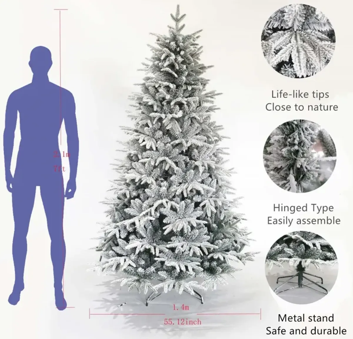 Snow Flocked Christmas Tree 7ft Artificial Hinged Pine Tree with White Realistic Tips Unlit