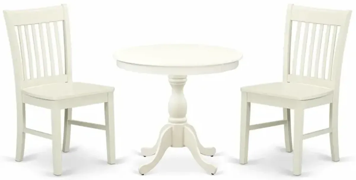 East West Furniture 3 Piece Dining Room Table Set Includes 1 Wood Dining Table and 2 Linen White Kitchen Chairs with Slatted Back - Linen White Finish