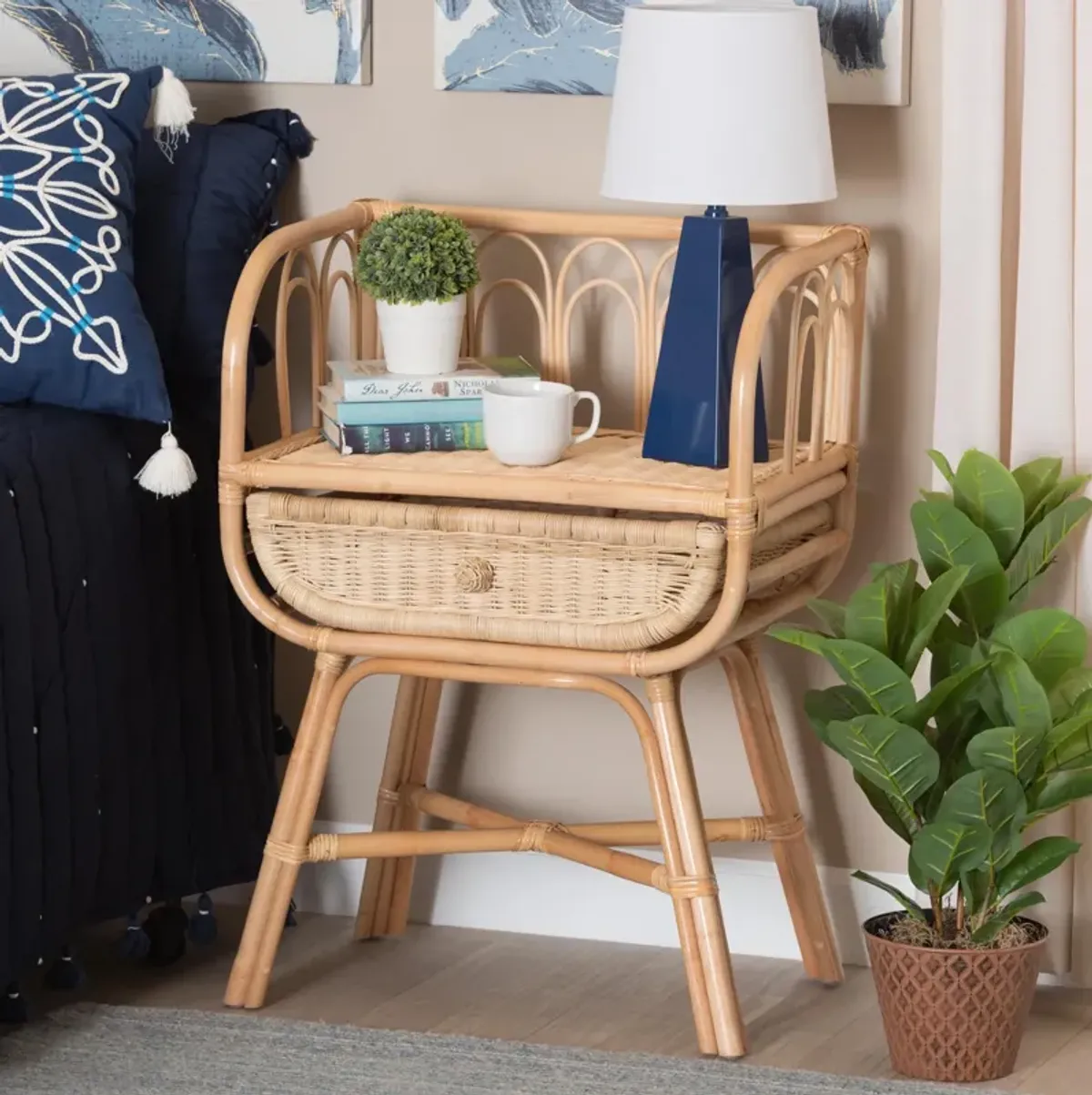 Bali & Pari Panchali Modern Bohemian Natural Brown Rattan Nightstand