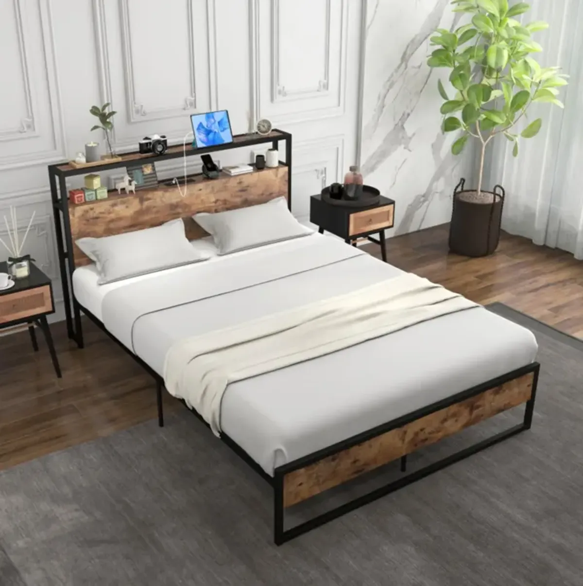 Hivvago Bed Frame with 2-Tier Storage Headboard and Charging Station