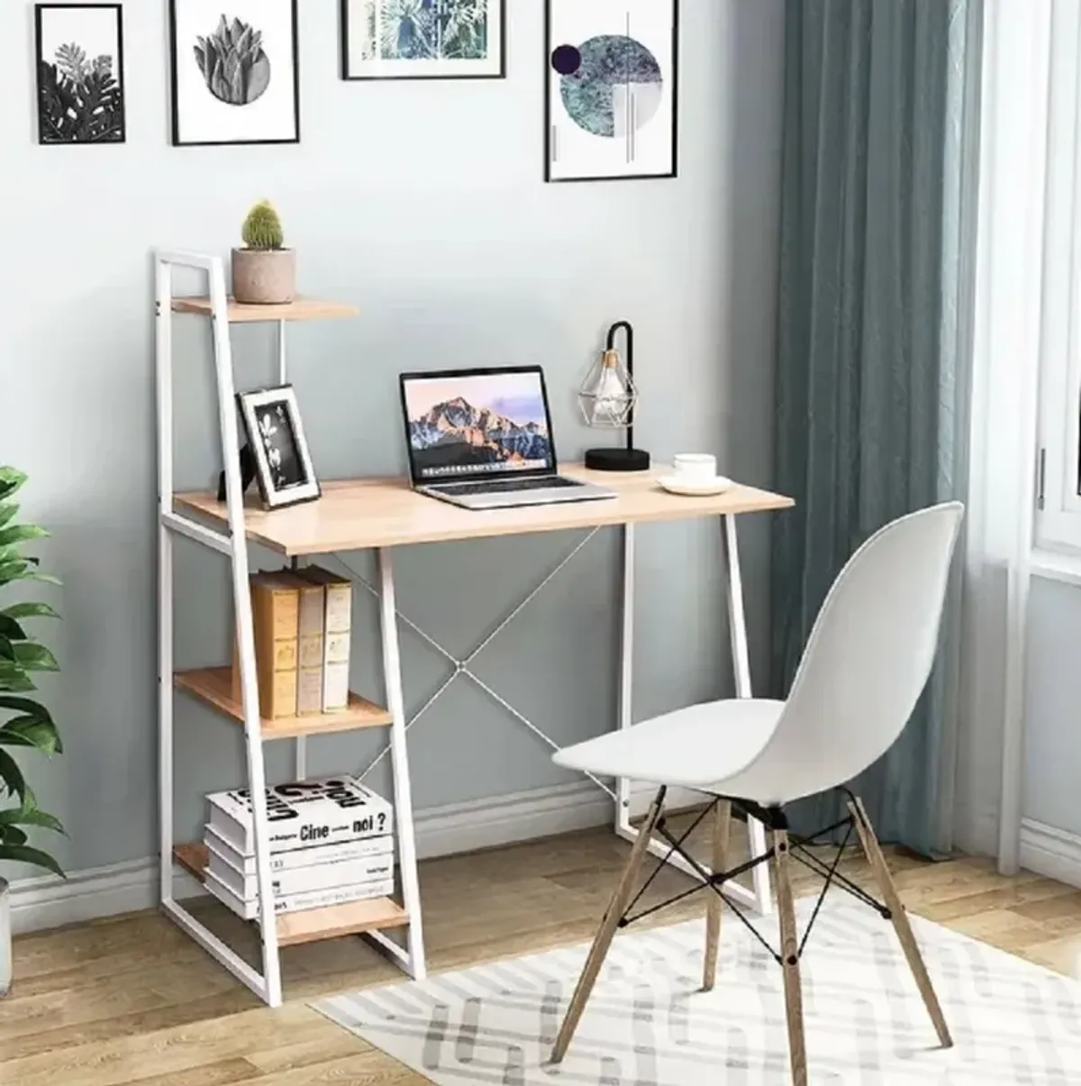 Study Workstation Computer Desk with 4 Tier Shelves