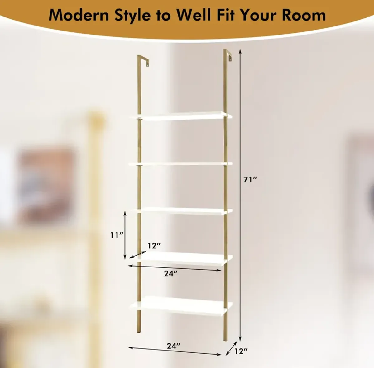 5 Tier Ladder Shelf Wall-Mounted Bookcase with Steel Frame