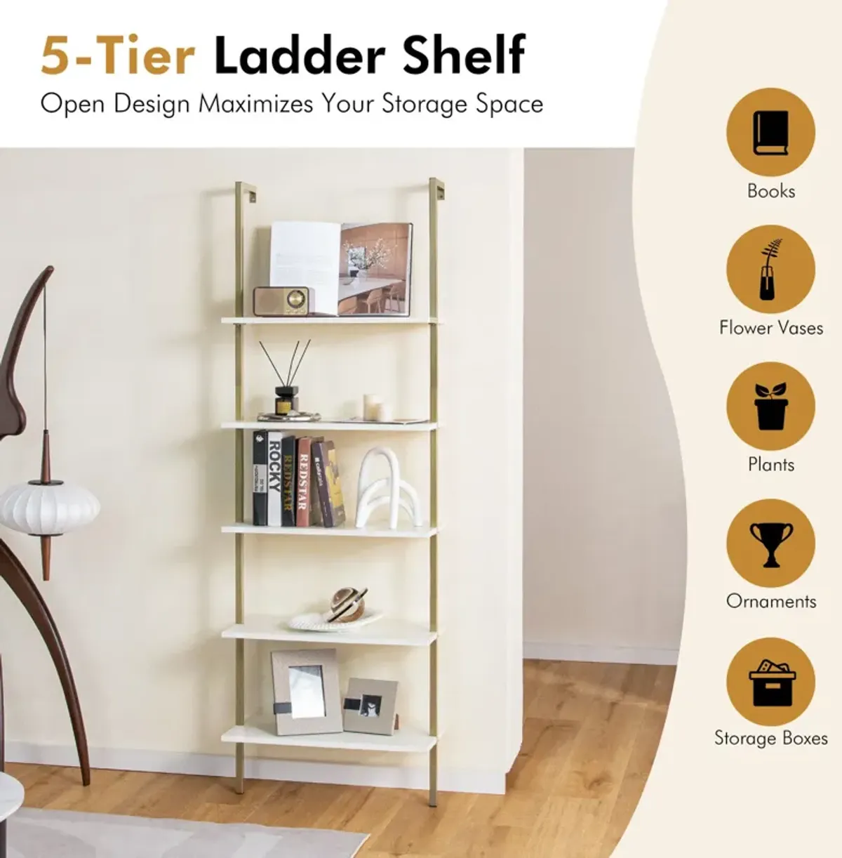 5 Tier Ladder Shelf Wall-Mounted Bookcase with Steel Frame