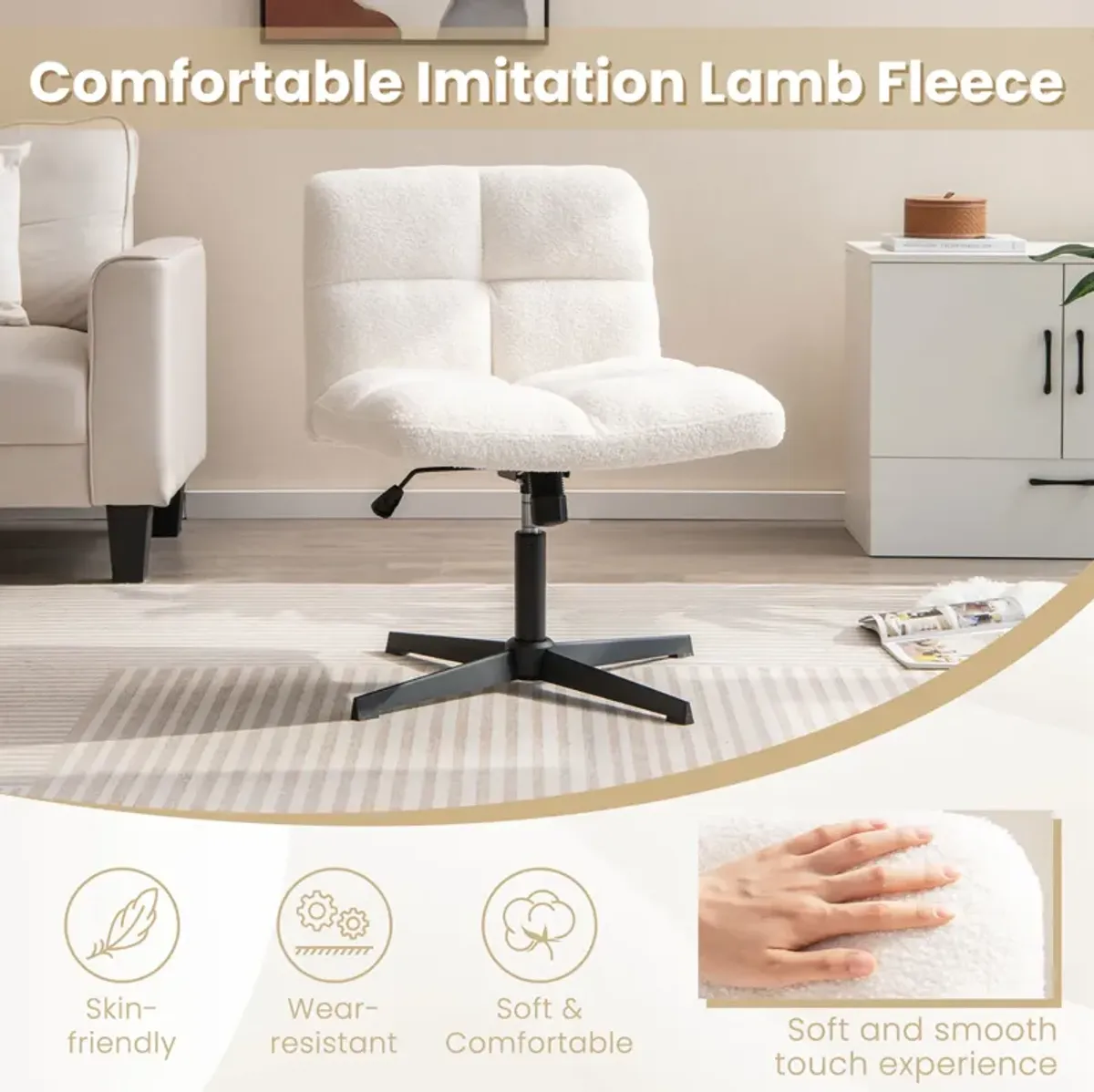 Costway Cross Legged Office Chair  Armless Office Desk Chair with Imitation Lamb Fleece