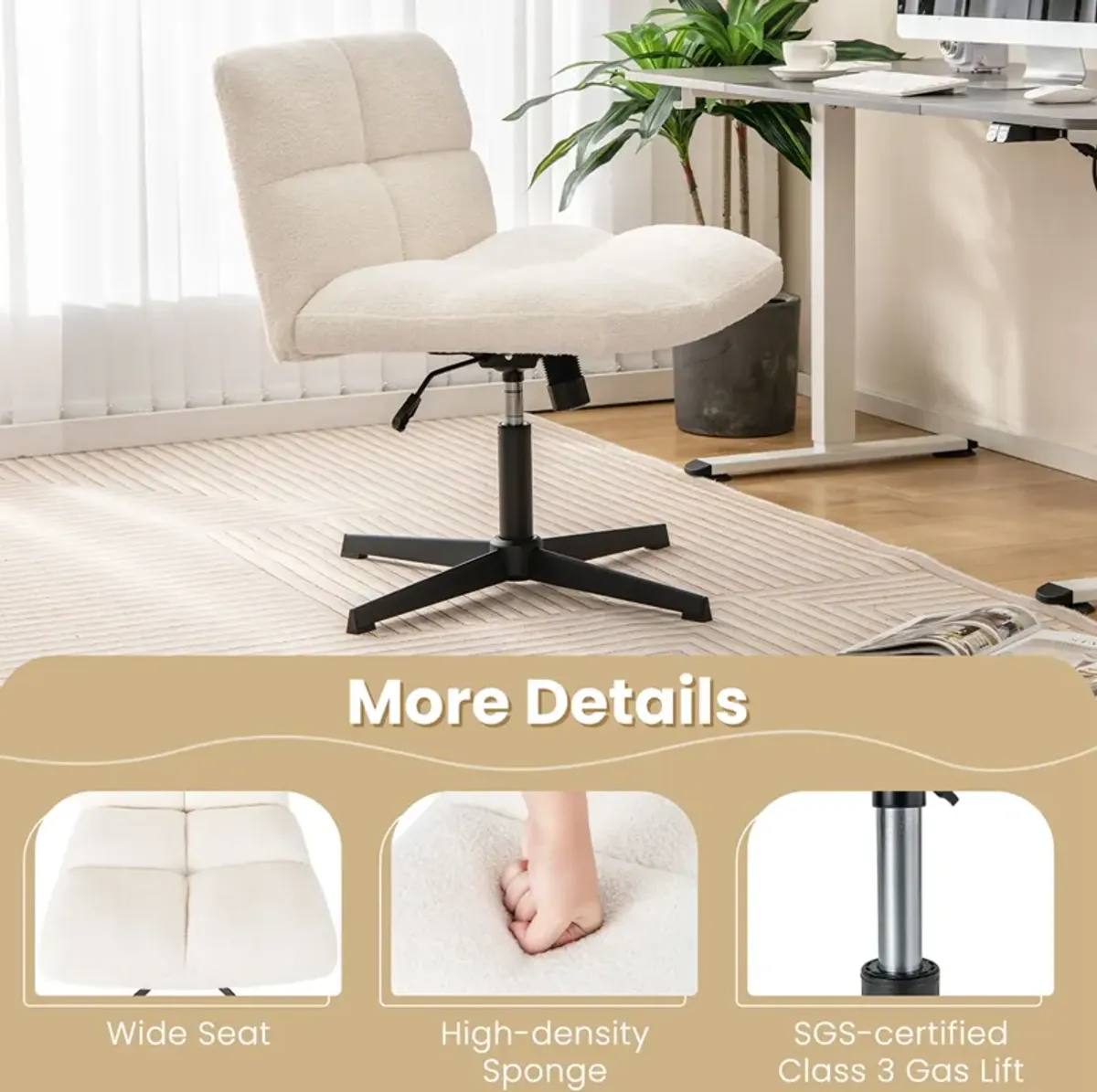 Costway Cross Legged Office Chair  Armless Office Desk Chair with Imitation Lamb Fleece