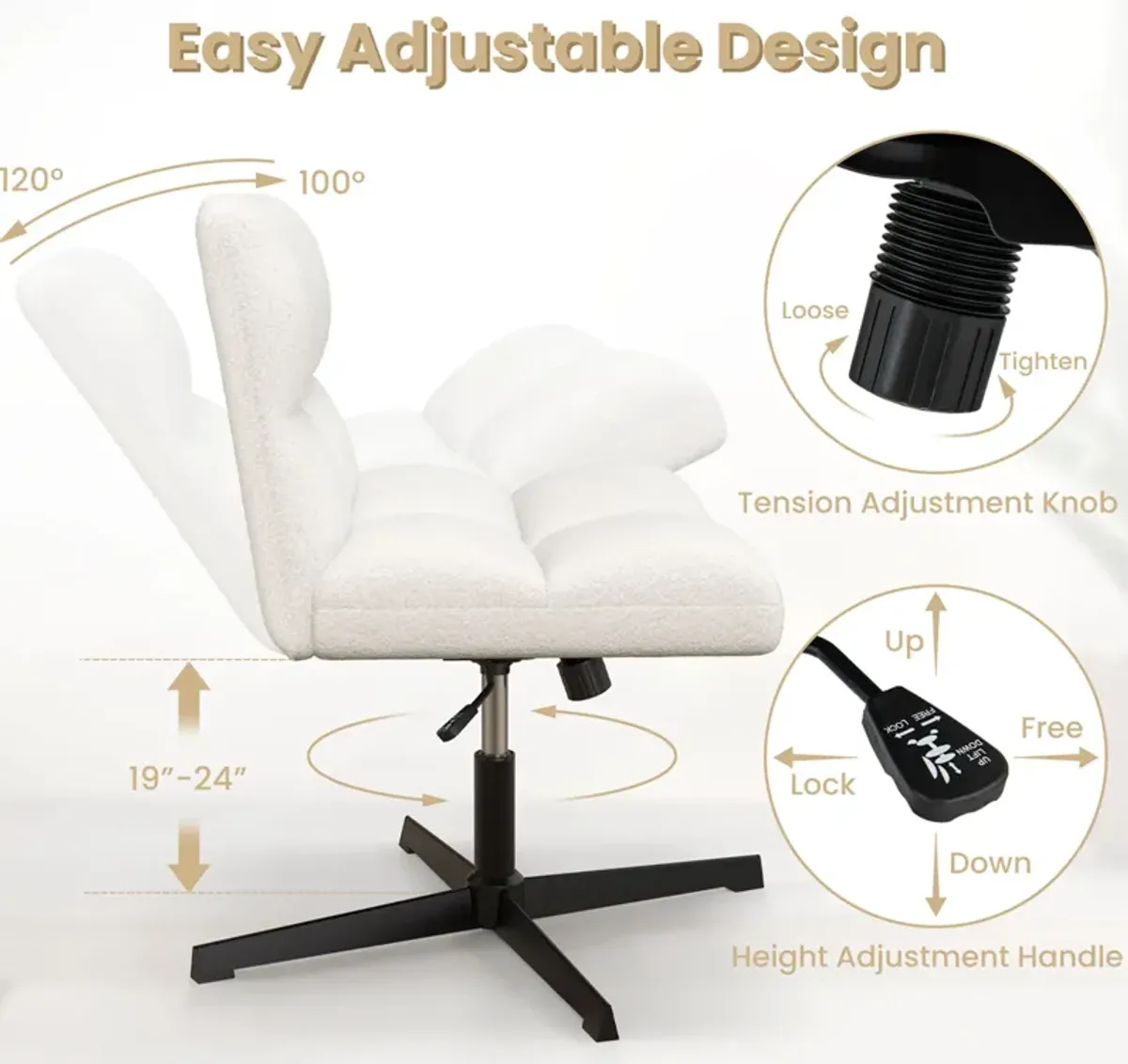 Costway Cross Legged Office Chair  Armless Office Desk Chair with Imitation Lamb Fleece