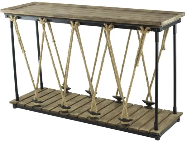 52 Inch Console Table, Rustic Plank Top with Crossed Rope Design, Brown