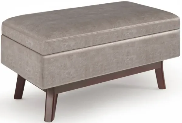 Owen 36 inch Wide Mid Century Modern Rectangle Small Rectangular Storage Ottoman in Distressed Grey Taupe Vegan Faux Leather, Assembled