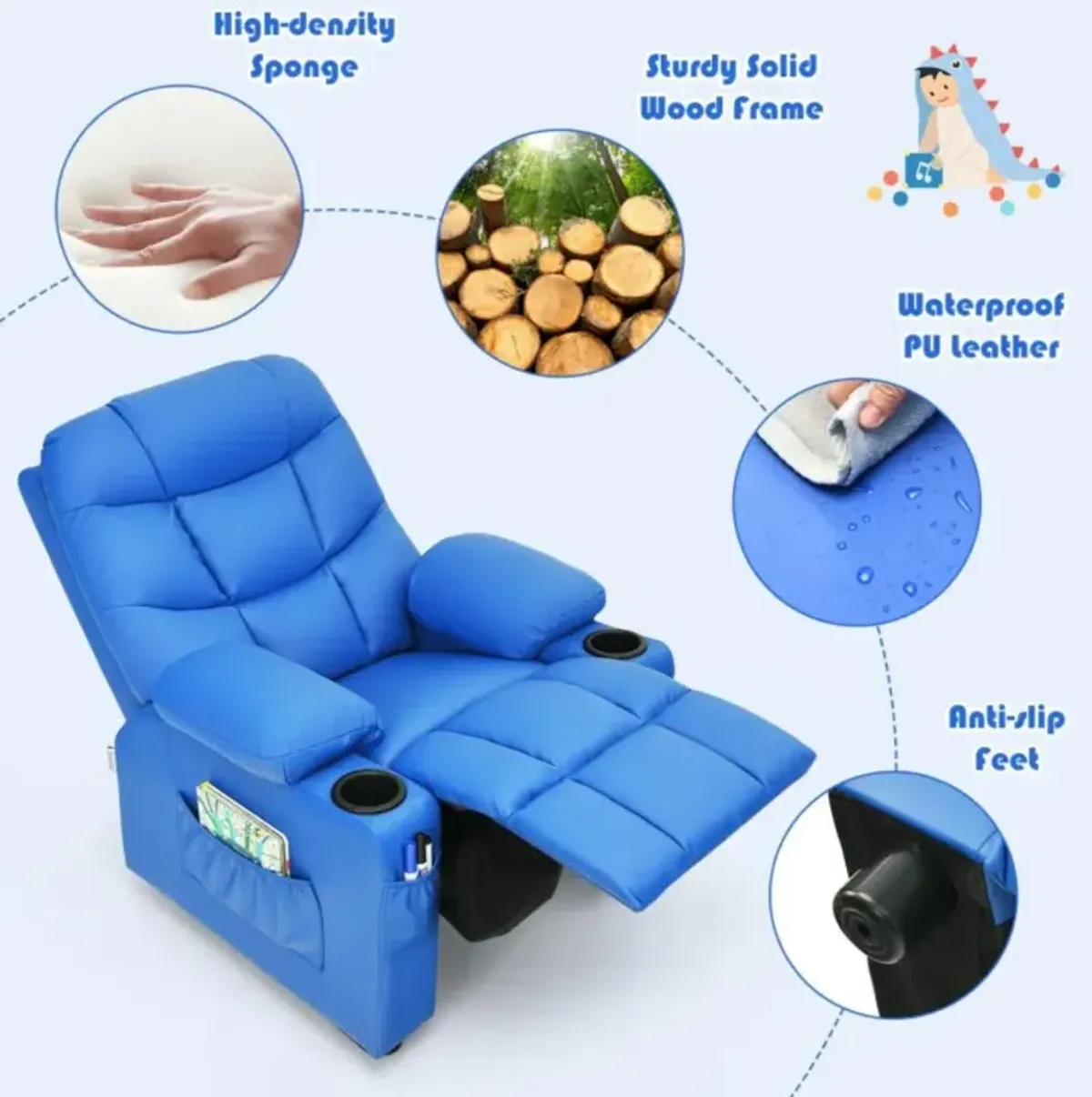 Hivvago Kids Recliner Chair with Cup Holder and Footrest for Children