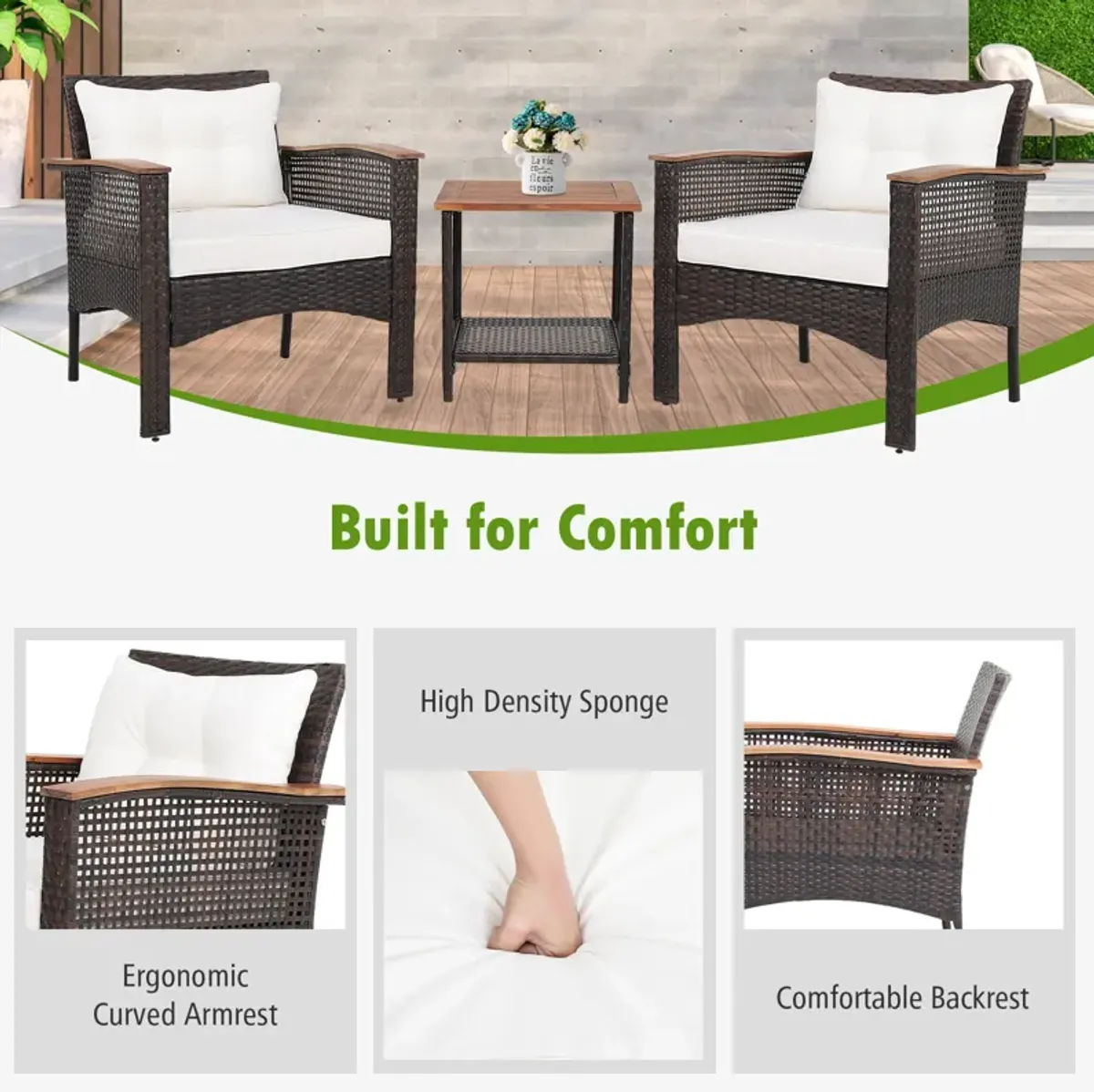 3 Pieces Patio Rattan Furniture Set with Acacia Wood Tabletop