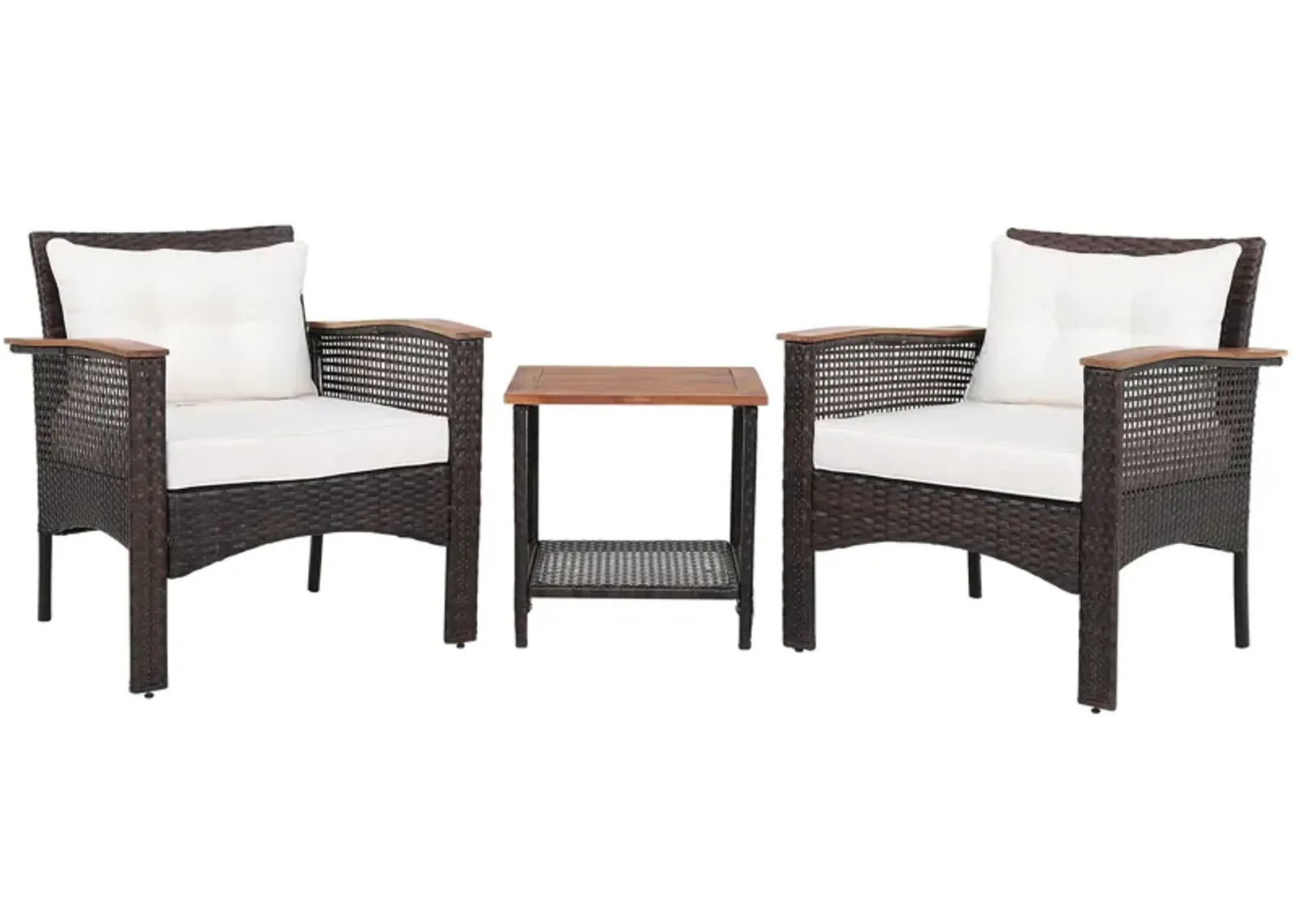 3 Pieces Patio Rattan Furniture Set with Acacia Wood Tabletop