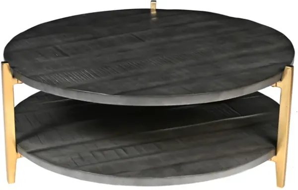Tali 37 Inch Handcrafted Round Coffee Table, 2 Tier, Charcoal Gray Acacia Wood, Sleek Gold Metal Legs-Benzara