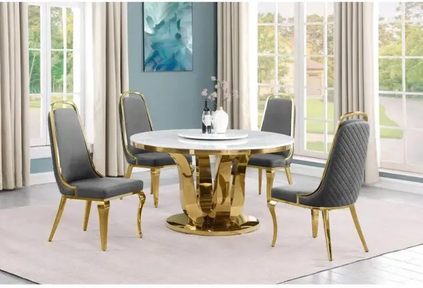 5pc White marble round dining set with gold base and 4 Dark Grey side chairs