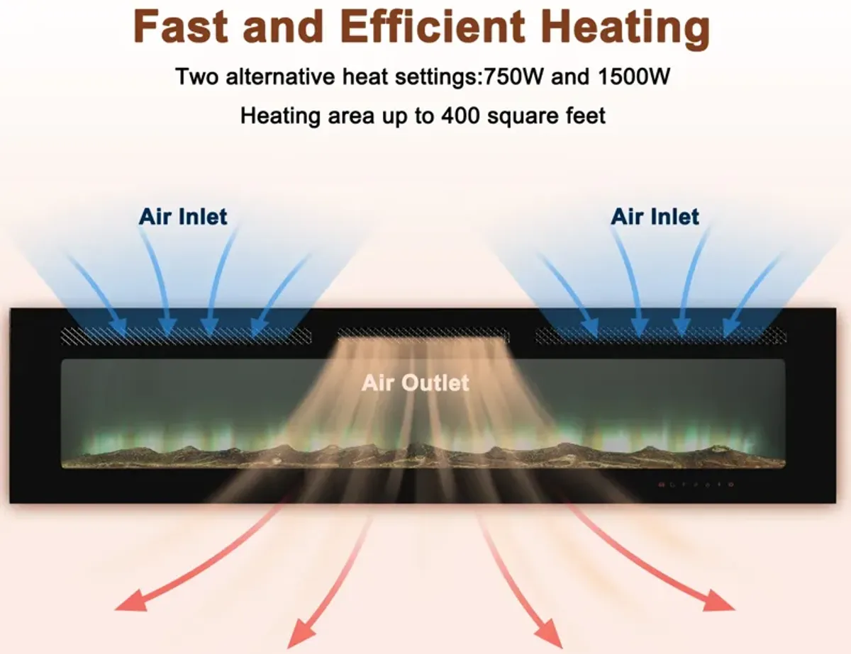 MONDAWE 72" Recessed Wall-Mounted Electric Fireplace 5000 BTU Heater with Remote Control