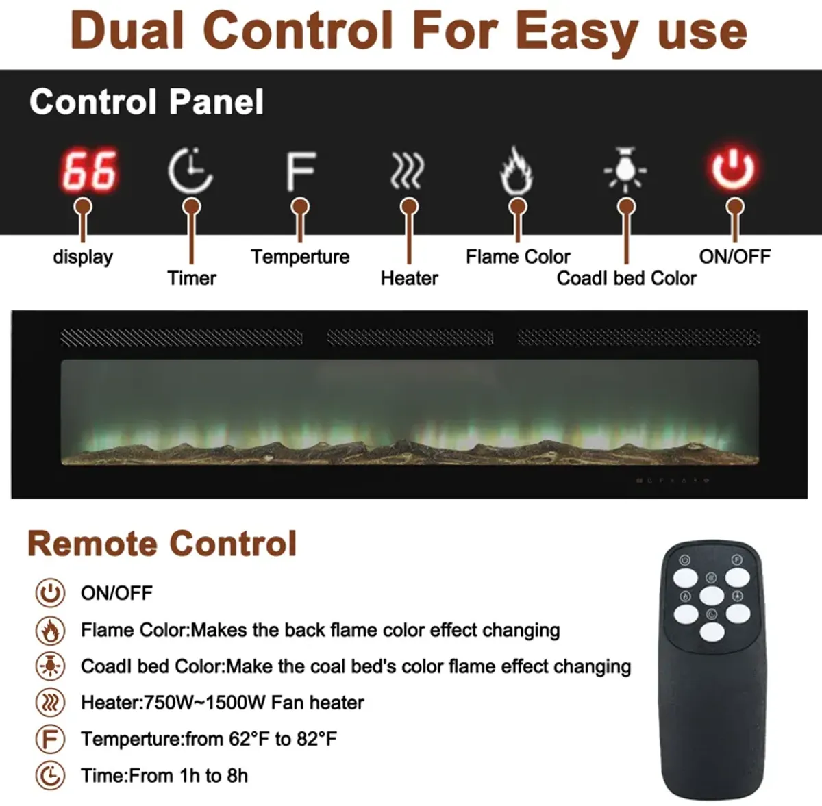 MONDAWE 72" Recessed Wall-Mounted Electric Fireplace 5000 BTU Heater with Remote Control