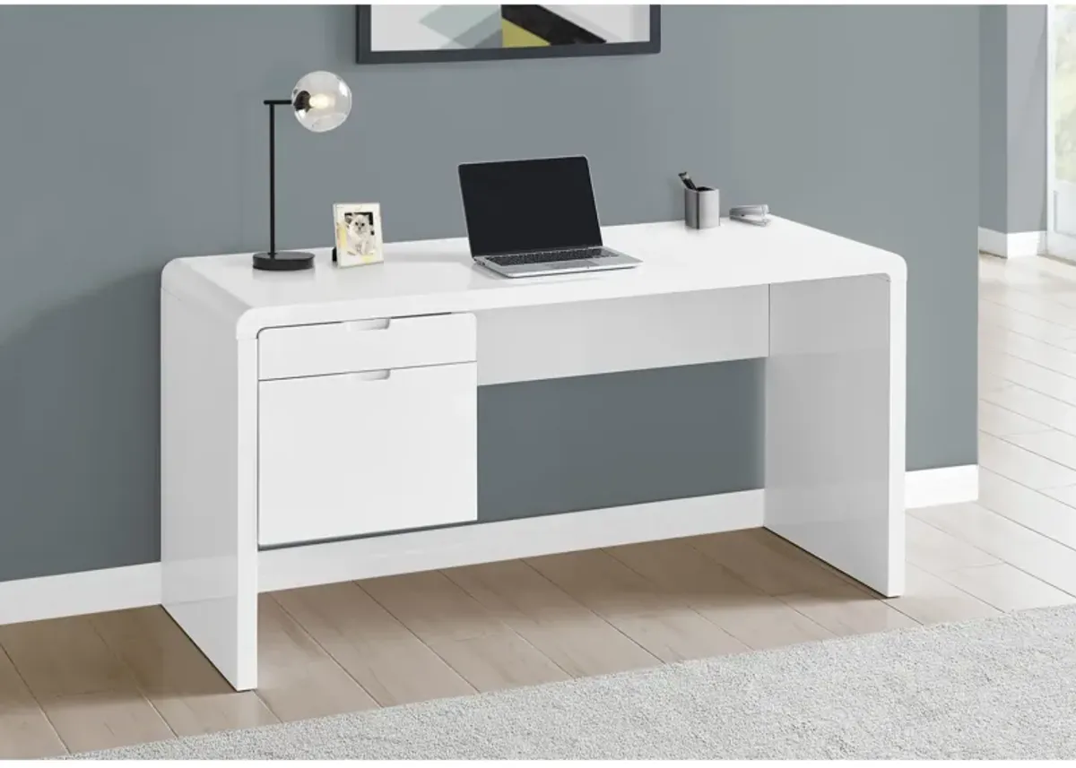 Monarch Specialties Computer Desk, Home Office, Laptop, Left, Right Set-Up, Storage Drawers, 60"L, Work, Laminate, Glossy White, Contemporary, Modern