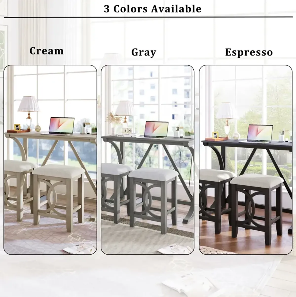 Farmhouse 3-Piece Counter Height Dining Table Set With USB Port And Upholstered Stools