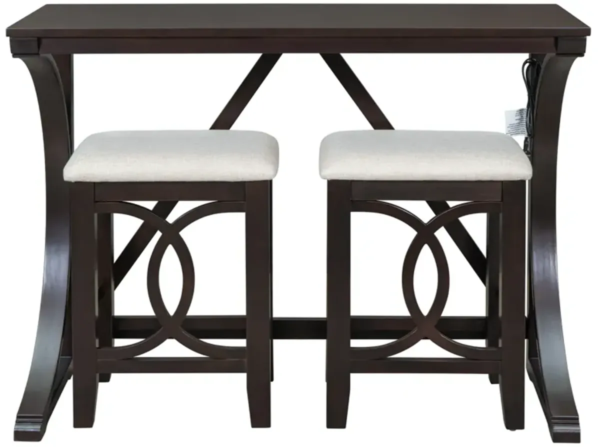 Farmhouse 3-Piece Counter Height Dining Table Set With USB Port And Upholstered Stools