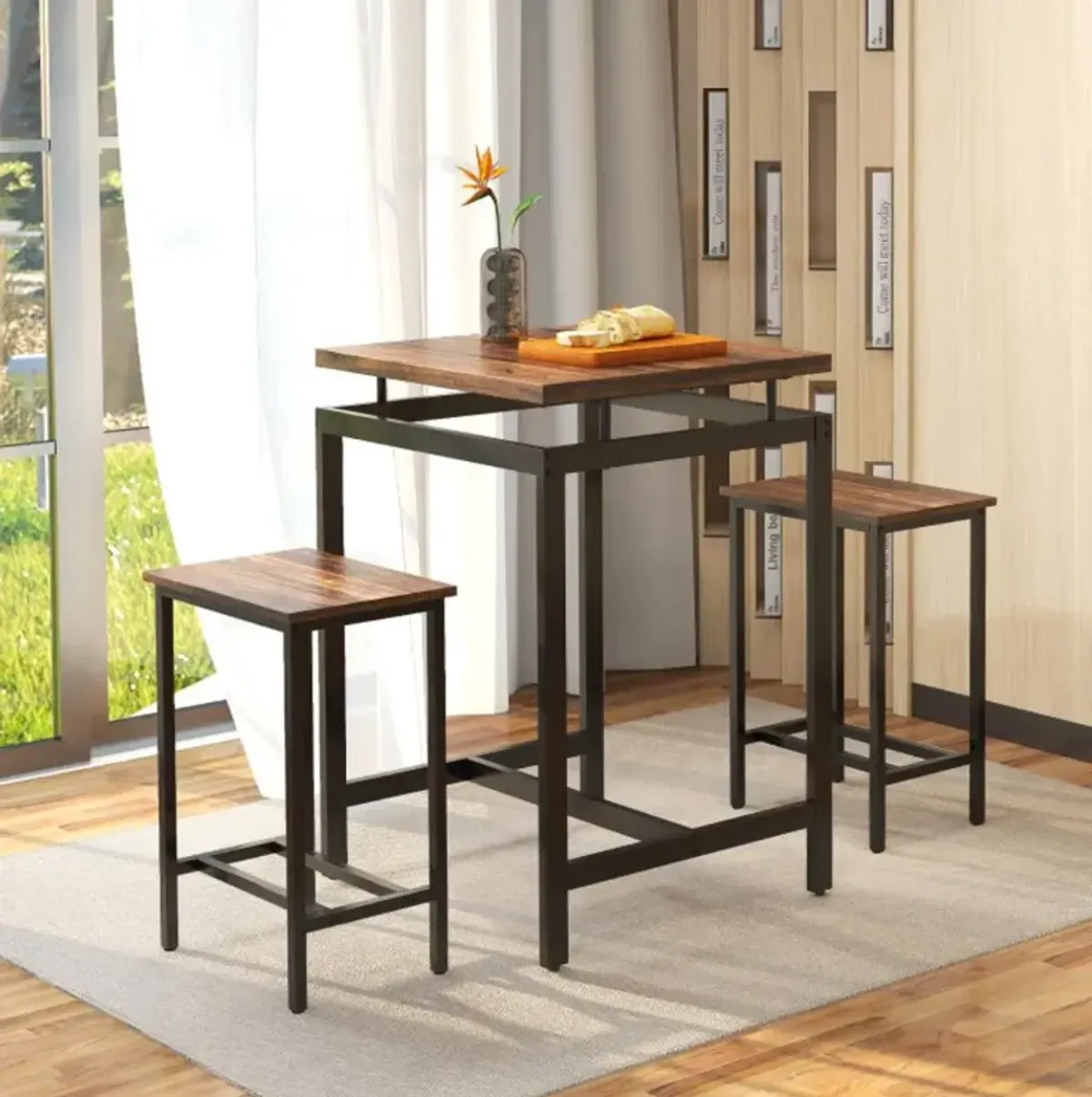 Hivvago 3 Pieces Pub Dining Table Set with Floating Tabletop and Footrest