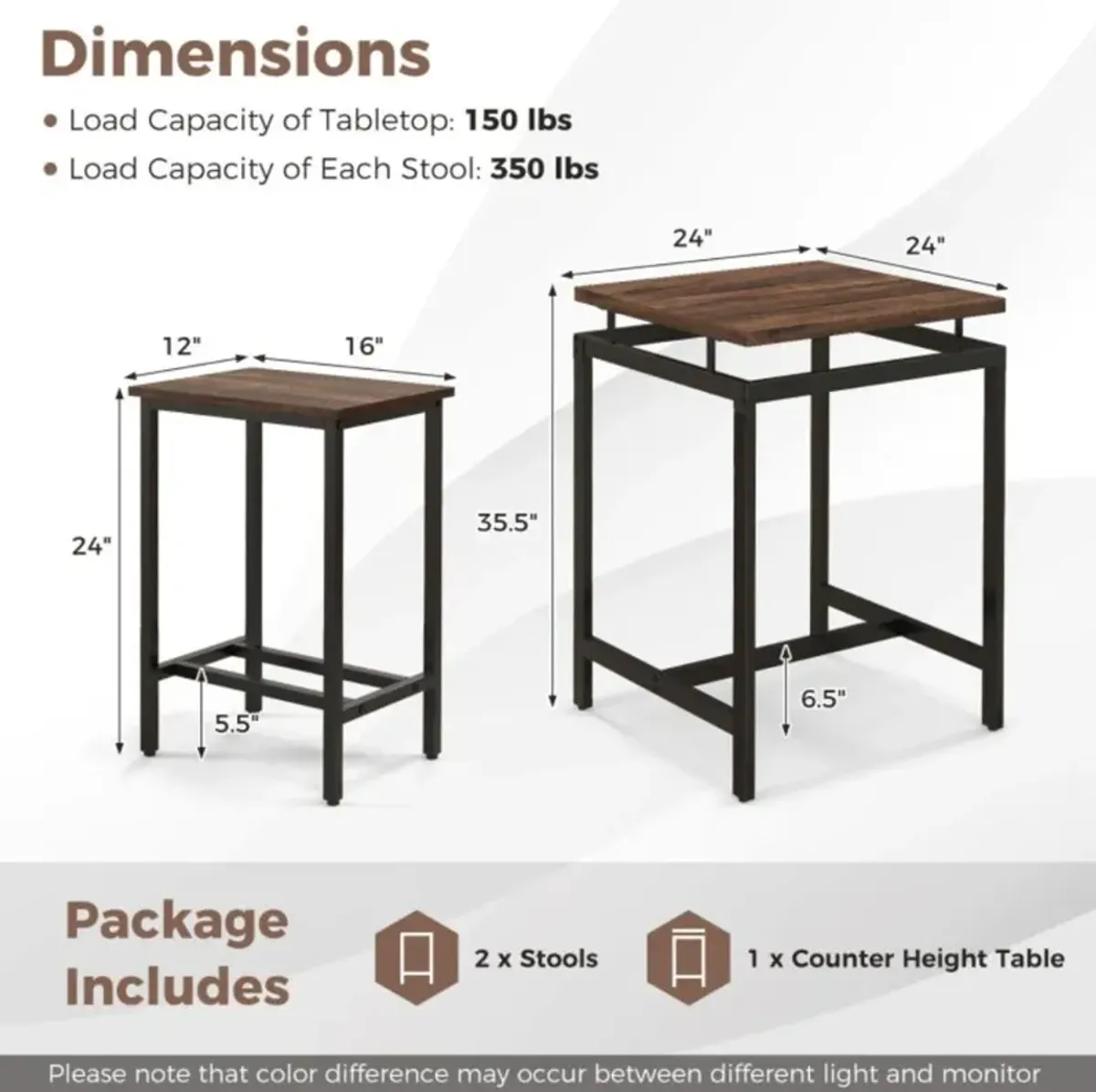 Hivvago 3 Pieces Pub Dining Table Set with Floating Tabletop and Footrest