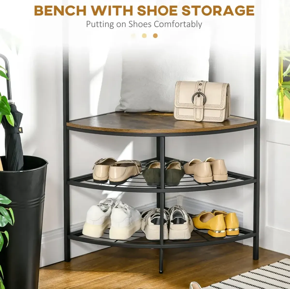 Rustic Brown Corner Organizer: Industrial Hall Tree with Shoe Bench