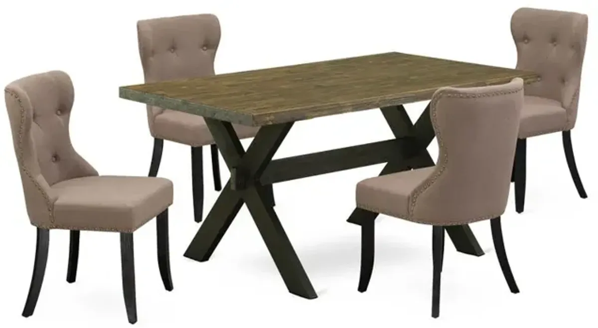 East West Furniture X676SI648-5 5-Piece Dining Set- 4 Parson Dining Chairs with Coffee Linen Fabric Seat and Button Tufted Chair Back - Rectangular Table Top & Wooden Cross Legs - Distressed Jacobean