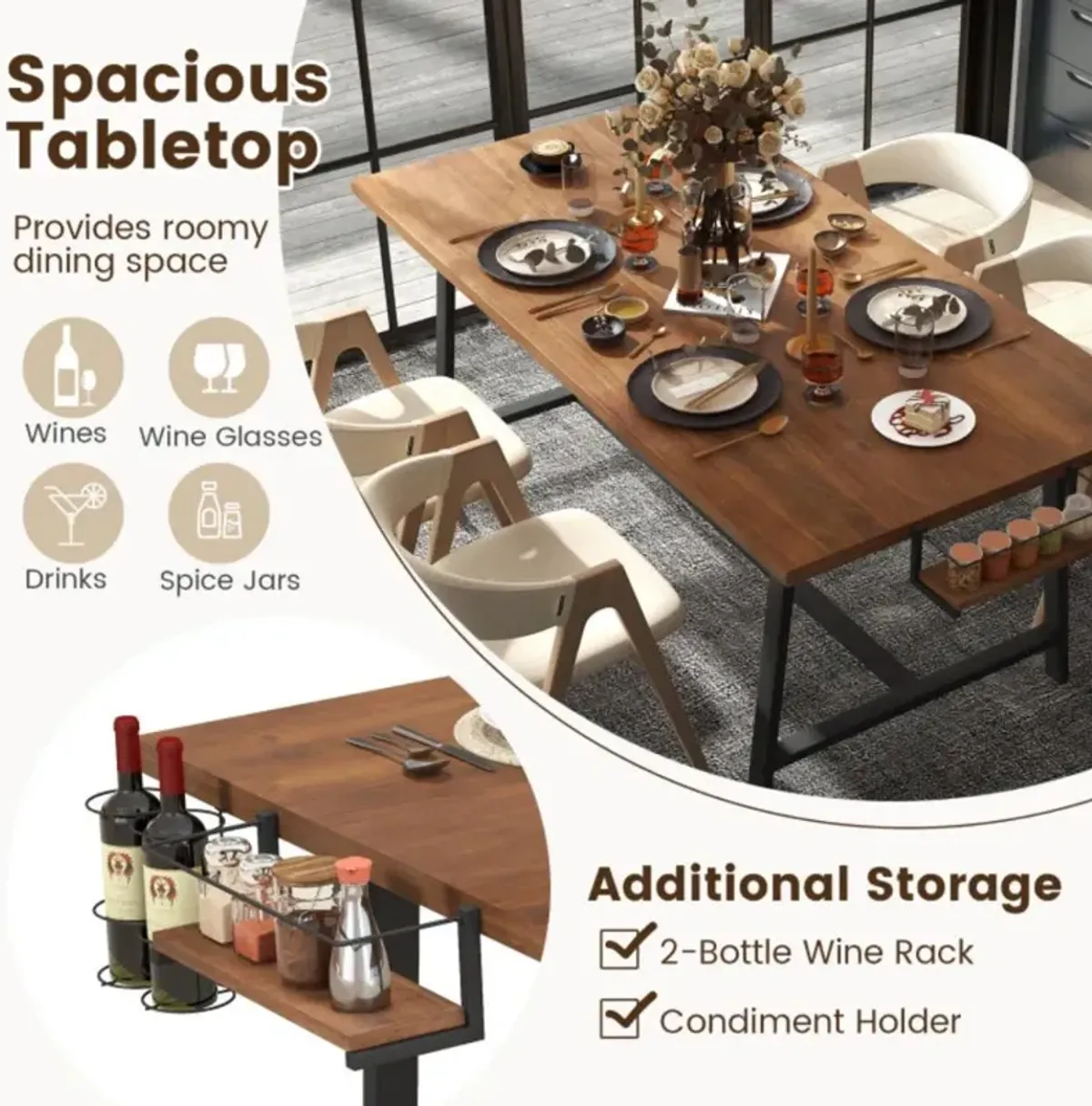 Hivvago 72 Inch Dining Table Rectangular Kitchen Table with 2-Bottle Wine Rack for 5-7