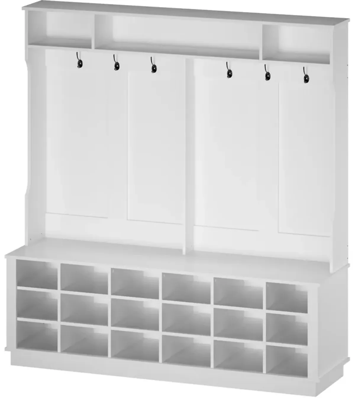 63 in. W White Wood 3-in-1 Hall Tree Coat Rack Shoe Storage Bench with 6-Metal Double Hooks, Shoe Rack and Shelves