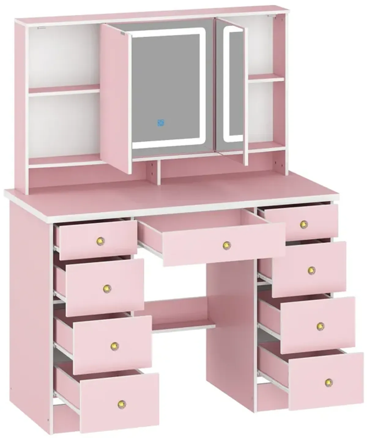 FUFU&GAGA 43.3" Pink Makeup Vanity with LED Mirror, 9 Drawers and Adjustable Storage (43.3" W x 53.9" H x 19.7" D),Pink