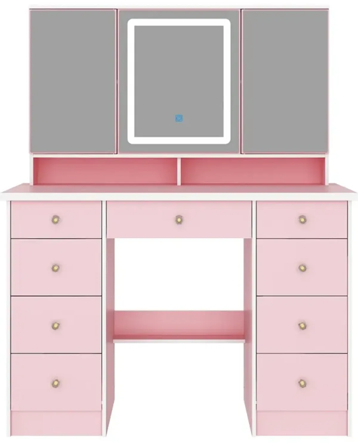 FUFU&GAGA 43.3" Pink Makeup Vanity with LED Mirror, 9 Drawers and Adjustable Storage (43.3" W x 53.9" H x 19.7" D),Pink