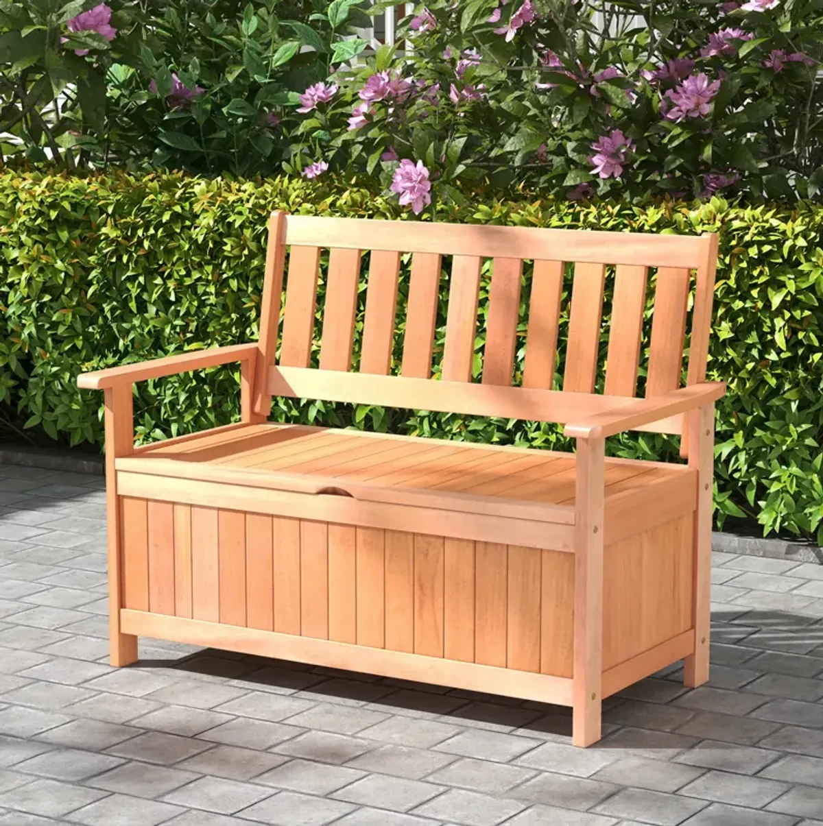 48 Inch Patio Wood Storage Bench with Slatted Backrest