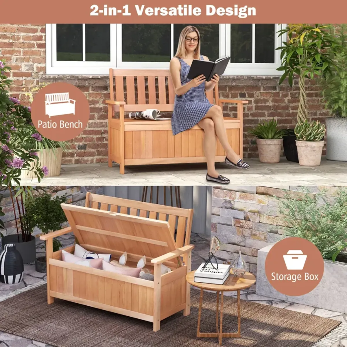 48 Inch Patio Wood Storage Bench with Slatted Backrest